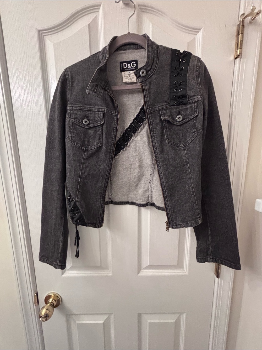 D&G Black Washed Lace-Up Detail Denim Jacket